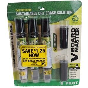 Pilot V Board Master Premium Dry Erase Markers Black 3 Pack, 2 Free Refills NEW
